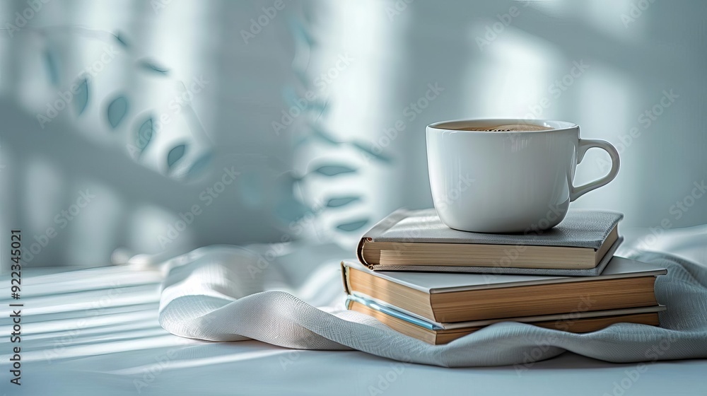 Minimalist reading setup, single book, white cup of coffee, bright background Minimalist reading setup, single book, white cup of coffee, bright background