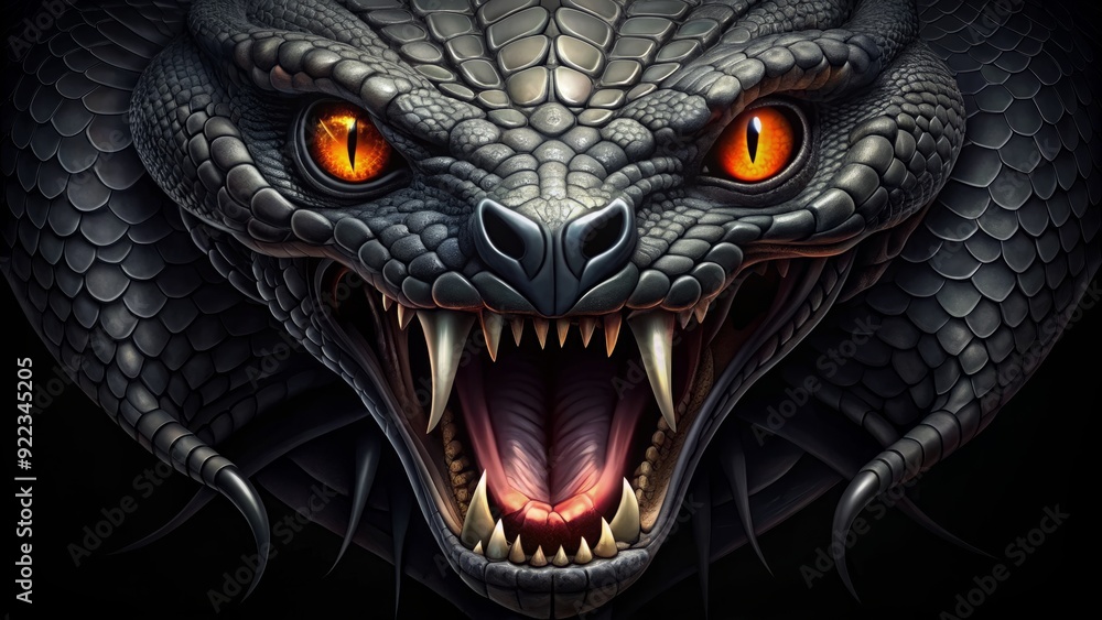 Menacing black serpent logo with open jaws and piercing eyes gazes directly at the viewer, radiating power and intensity against a sleek dark background. Menacing black serpent logo with open jaws and piercing eyes gazes directly at the viewer, radiating power and intensity against a sleek dark background.