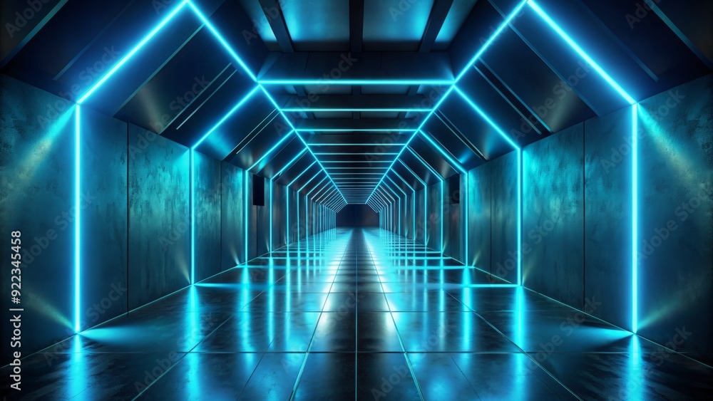 Moody and futuristic dark corridor with neon blue and black lights casting an eerie glow on minimalist geometric walls and floor. Moody and futuristic dark corridor with neon blue and black lights casting an eerie glow on minimalist geometric walls and floor.