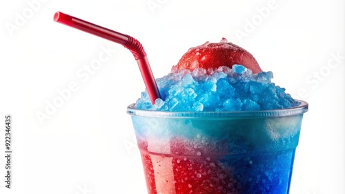 Frozen drink with colorful straw and ice crystals on rim, bright blue and red hues, frosty condensation on transparent cup against white background. photo