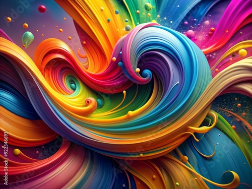 Vibrant abstract background featuring colorful brush strokes, swirling ribbons, and wavy splashes of paint, creating a dynamic, textured, and fluid 3D design element.