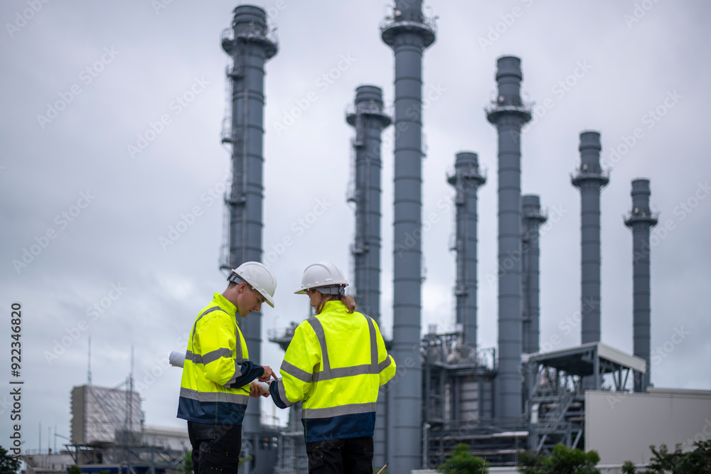 custom made wallpaper toronto digitalEngineers wearing safety gear, including hard hats examining survey a large blueprint tablet standing industrial facility gas or oil refinery engaged in a job requires high safety standards concept.