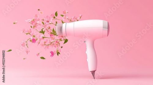 A realistic 3D illustration of a hairdryer with flowers flying around it, designed for professional or home use, displayed on a pink background