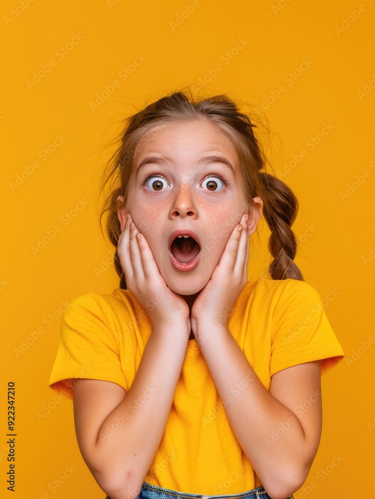 Surprised young girl with open mouth and hands on cheeks against a bright yellow background, suitable for microstock usage. Surprised young girl with open mouth and hands on cheeks against a bright yellow background, suitable for microstock usage.
