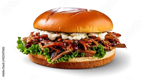 Mouthwatering pulled pork sandwich, coleslaw, no shadows, no text on picture, no logo, no signature, no human body, no people, no plants, 