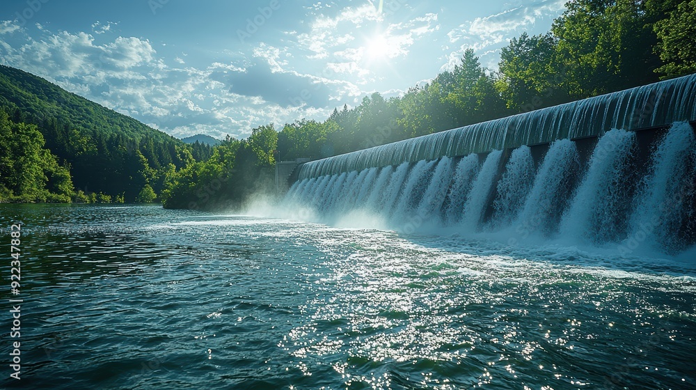 Fototapeta premium Stunning Waterfall in a Serene Forest Setting with Sunlight Breaking Through Clouds and Reflecting on the Water Surface