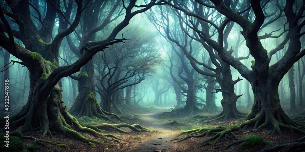 Naklejka premium Dark eerie forest with twisted trees, spooky, sinister, spooky, forest, nature, wilderness, gloomy, mysterious, woods