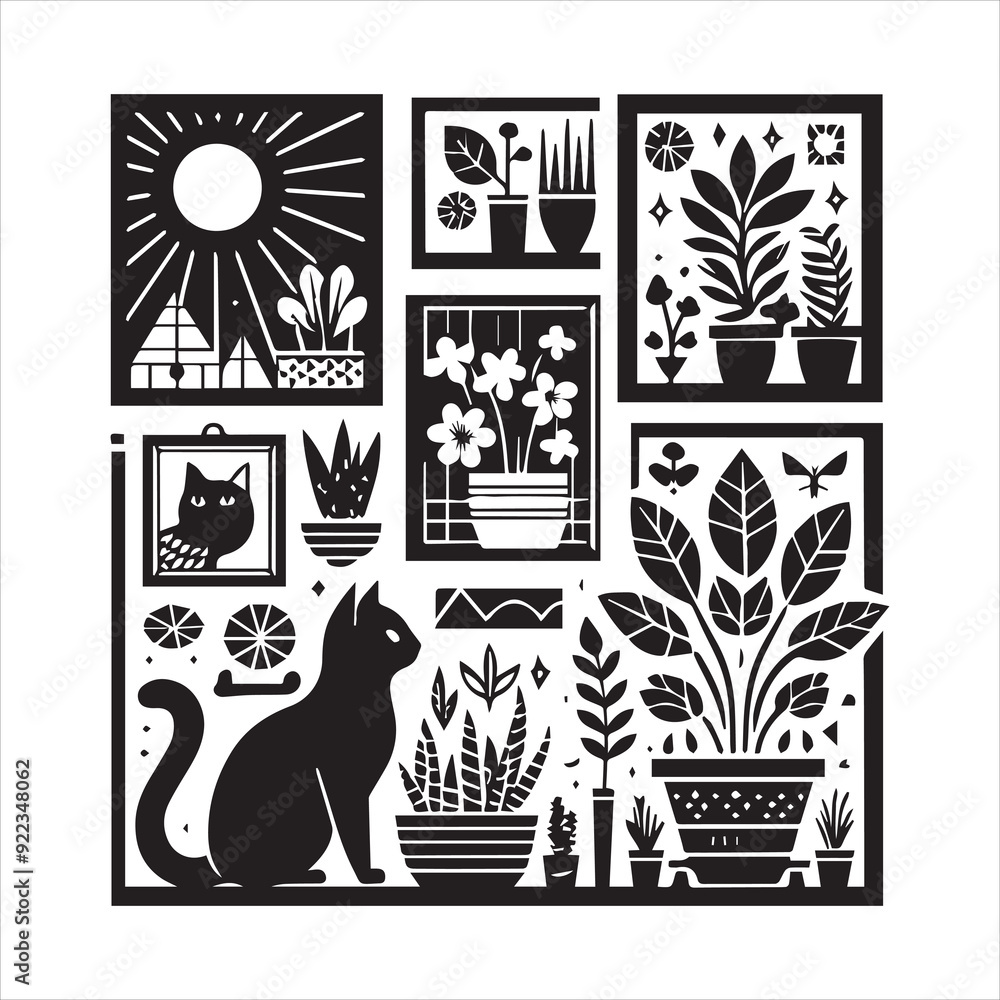 Naklejka premium Print A cat and a plant in an illustrated frame silhouette vector with white background