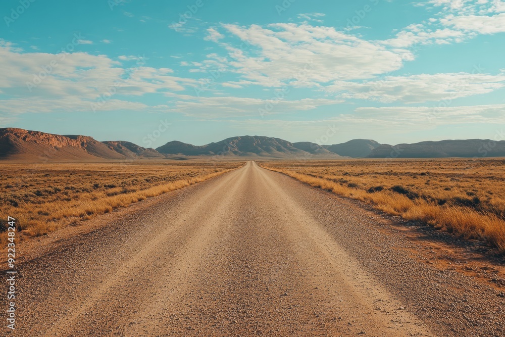An abandoned gravel road stretches into the distant horizon, amidst a barren landscape and clear blue sky, inviting exploration and the potential discovery of hidden treasures along the way An abandoned gravel road stretches into the distant horizon, amidst a barren landscape and clear blue sky, inviting exploration and the potential discovery of hidden treasures along the way