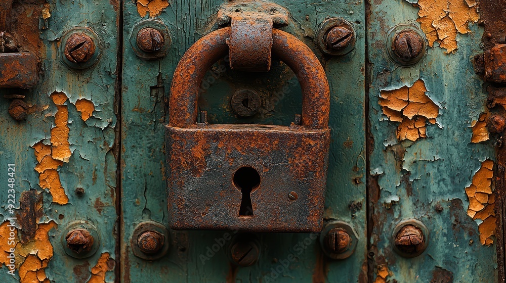 Rusty Padlock on Weathered Wooden Door with Peeling Paint - Close-Up of Antique Lock on Vintage Surface Rusty Padlock on Weathered Wooden Door with Peeling Paint - Close-Up of Antique Lock on Vintage Surface