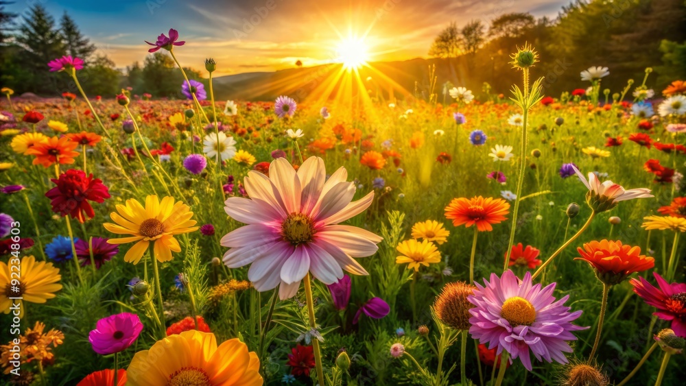 Fototapeta premium Vibrant blooming flowers in a lush meadow, arranged in a golden ratio composition, bask in warm natural light, captured in stunning high dynamic range from above.