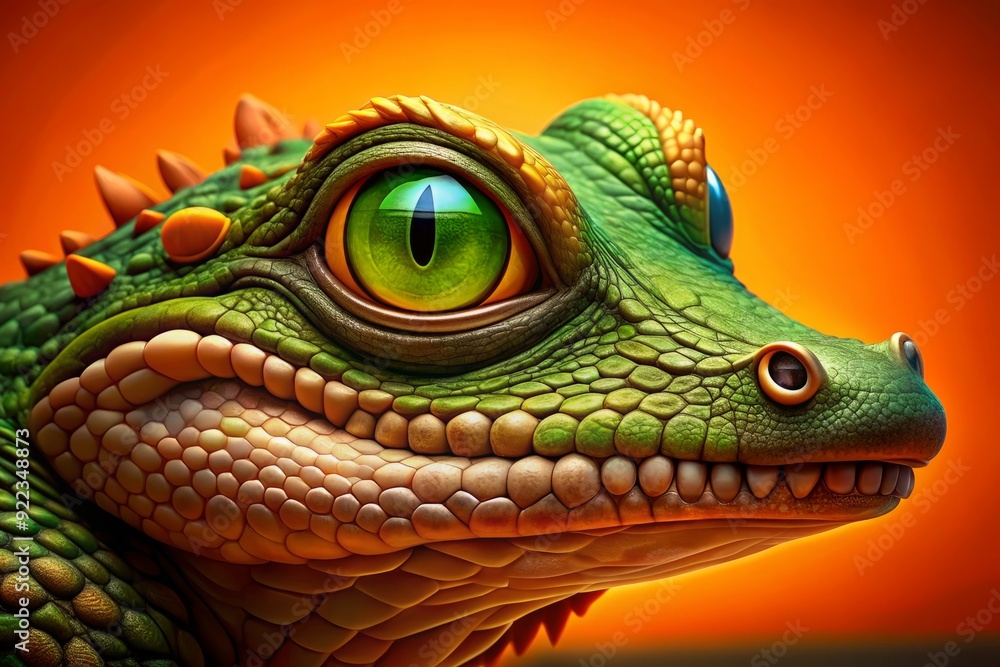 Fototapeta premium Vibrant orange background showcases a whimsical illustration of a friendly crocodile with bright green eyes and textured scaly skin, surrounded by subtle shadow effects.
