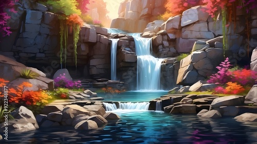  A stunning waterfall where the water appears to glow with a rainbow of colors, framed by a lush forest with vibrant flowers and greenery.  photo