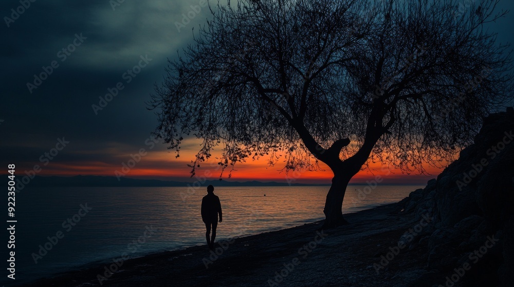 Fototapeta premium Solitary Sunset Contemplation. Generative AI