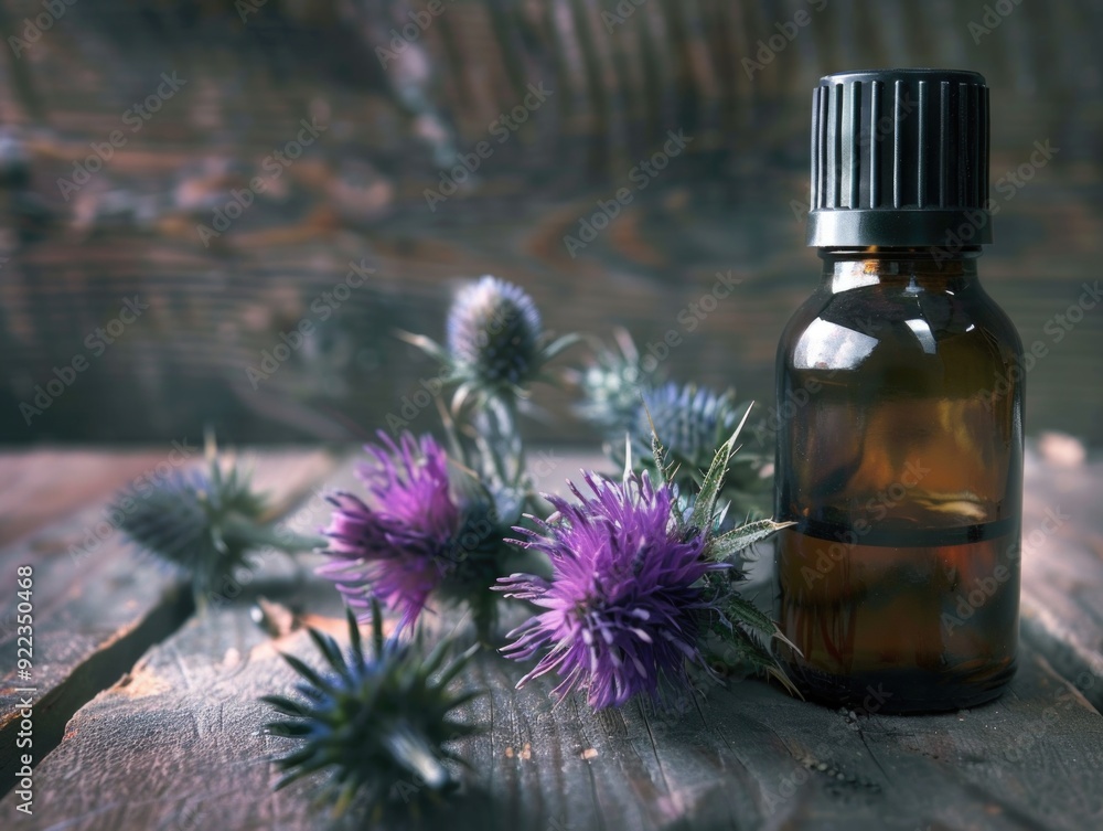 Natural lavender oil in a bottle with a dropper, set against a blurred background of purple flowers and plants. Natural lavender oil in a bottle with a dropper, set against a blurred background of purple flowers and plants.