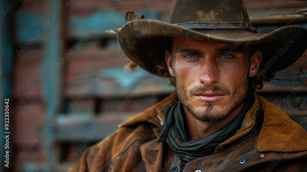 Cowboy portrait with blue eyes wearing a weathered hat and jacket in a rustic setting Cowboy portrait with blue eyes wearing a weathered hat and jacket in a rustic setting