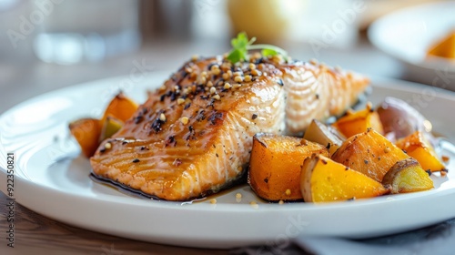 Closeup of a grilled salmon fillet with roasted butternut squash