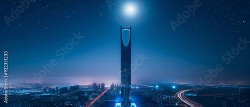 Stunning view Kingdom Tower in Riyadh, illuminated under a moonlit sky, showcasing its grandeur