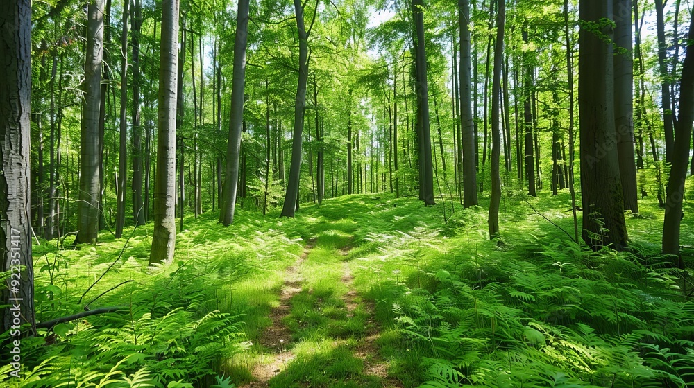 Fototapeta premium Photographer capturing forest scenes, natural landscape walking tour, artistic nature exploration
