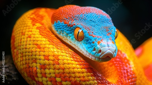 Green chameleon eye locked on vibrant red and yellow fish, isolated underwater world photo