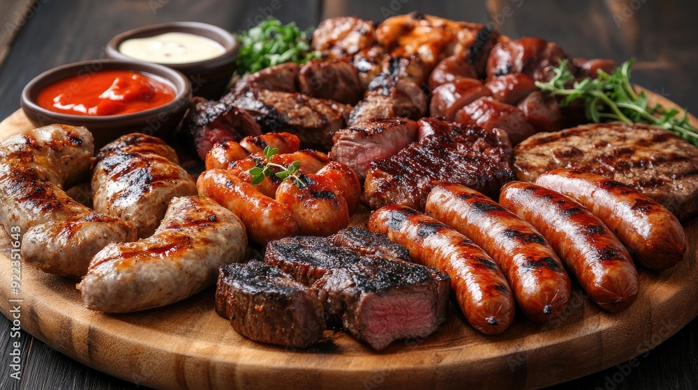 A platter of assorted grilled meats, including sausages, steak, and chicken, served with dipping sauces. A platter of assorted grilled meats, including sausages, steak, and chicken, served with dipping sauces.