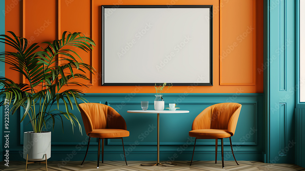 Fototapeta premium A modern interior design with a teal and orange color scheme. Two chairs and a table sit in front of a large empty frame, ready for a work of art.