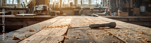 Minimalist woodworking scene, single tool, clean surface, natural light