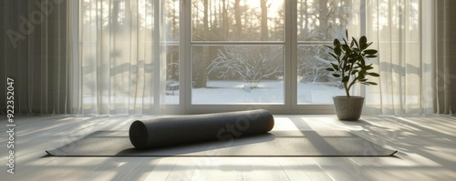 Minimalist yoga, single mat, white background, natural light