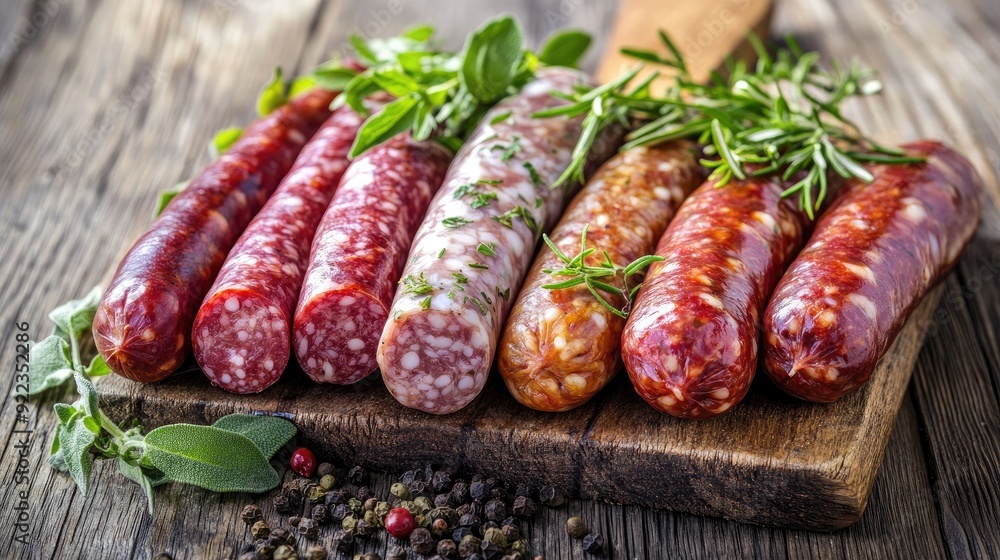 A variety of raw sausages on a wooden board, garnished with fresh herbs and spices. A variety of raw sausages on a wooden board, garnished with fresh herbs and spices.