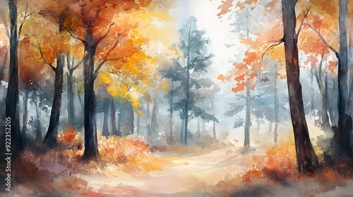 Magical Autumnal Forest Watercolor Landscape with Vibrant Seasonal Hues