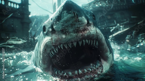 Giant shark emerging from underwater ruins during an underwater exploration photo