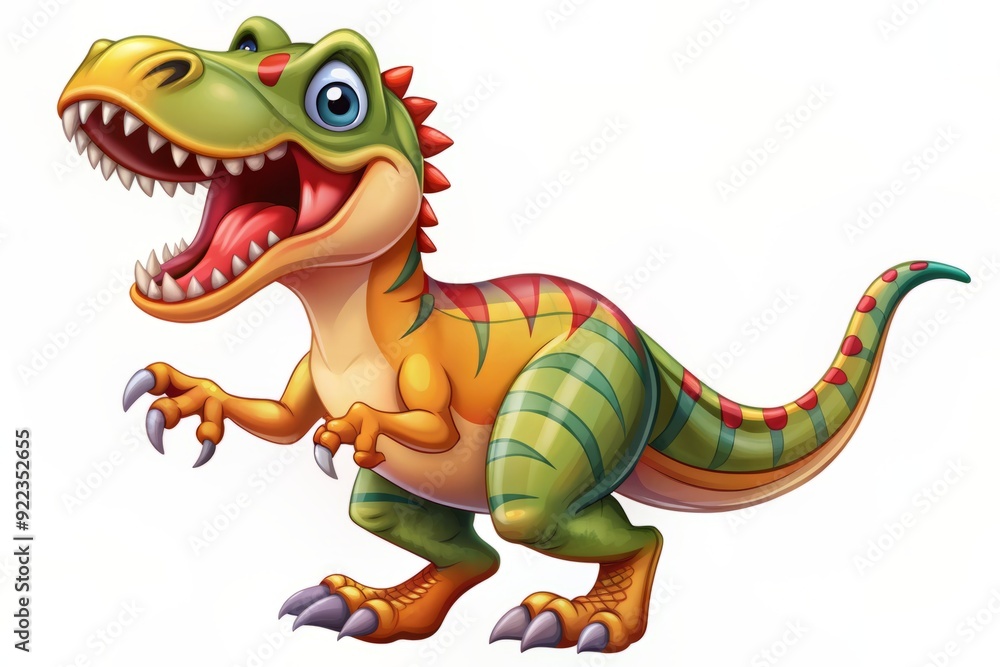 Fototapeta premium Colorful cartoon dinosaur with a goofy expression stands on its hind legs, mouth wide open, revealing sharp teeth, in a fun and playful pose.
