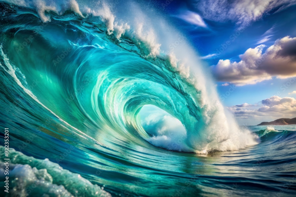 © Sirinporn - Vibrant turquoise ocean wave texture with intricate swirling patterns and foamy crests, evoking the natural beauty and dynamic energy of the sea's perpetual motion.