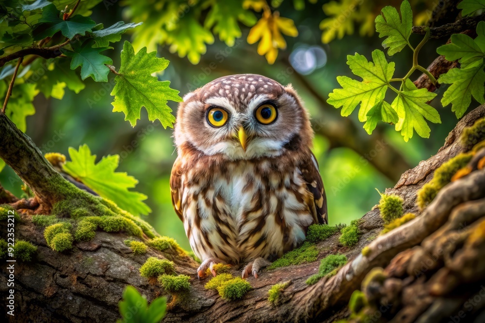 A wispy owl with piercing eyes sits regally atop an aged oak, its feathers camouflaged among a verdant canopy of leaves, exuding ancient wisdom. A wispy owl with piercing eyes sits regally atop an aged oak, its feathers camouflaged among a verdant canopy of leaves, exuding ancient wisdom.