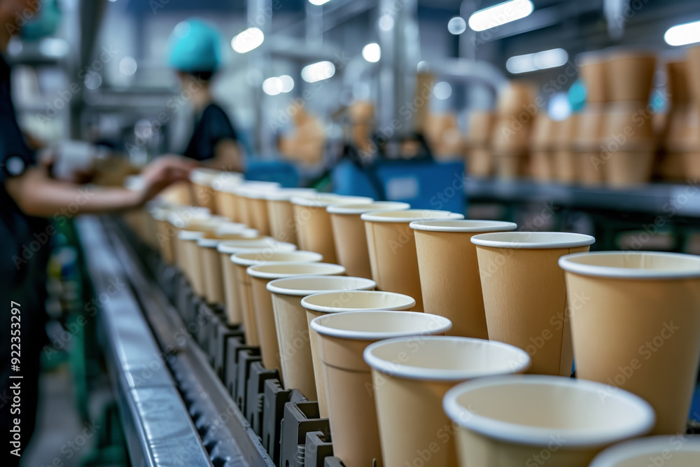 Workers assemble eco-friendly paper cups in a production line focused on sustainable manufacturing Workers assemble eco-friendly paper cups in a production line focused on sustainable manufacturing