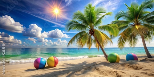 Warm sandy beach with tropical palm trees, calm turquoise ocean, and colorful beach balls scattered along the shore under a bright blue summer sky. photo