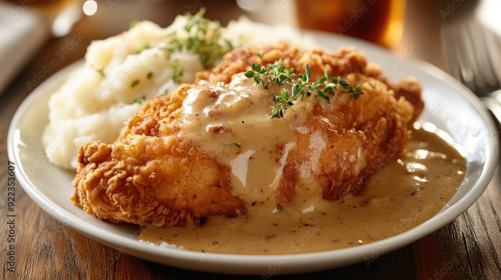 American fried chicken served with mashed potatoes and gravy, a comfort food classic. American fried chicken served with mashed potatoes and gravy, a comfort food classic.