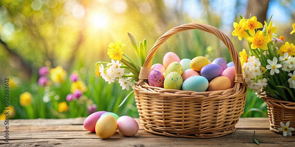 Wicker basket filled with colorful eggs and spring flowers, easter, decoration, festive, holiday, rustic, natural Wicker basket filled with colorful eggs and spring flowers, easter, decoration, festive, holiday, rustic, natural