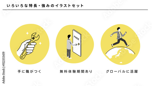 ビジネスのいろいろな特長・強みのイラストセット、ベクター