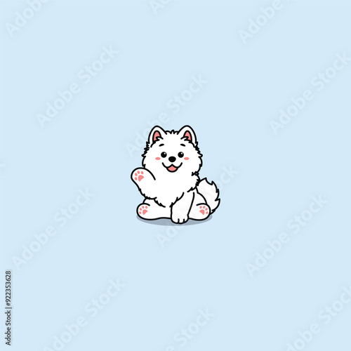 Cute samoyed dog sitting and waving paw cartoon, vector illustration