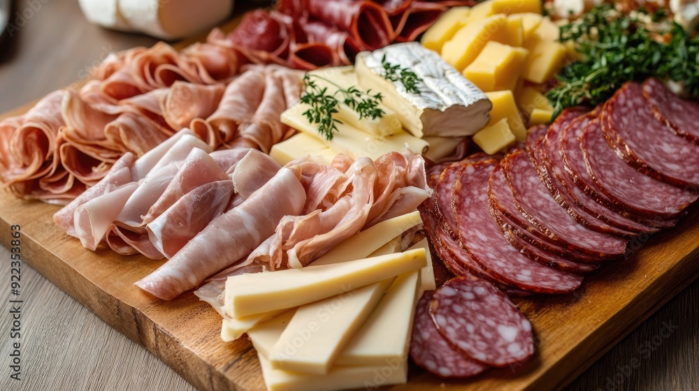 Assorted deli meats, including ham, salami, and turkey, arranged on a wooden platter with cheese. Assorted deli meats, including ham, salami, and turkey, arranged on a wooden platter with cheese.