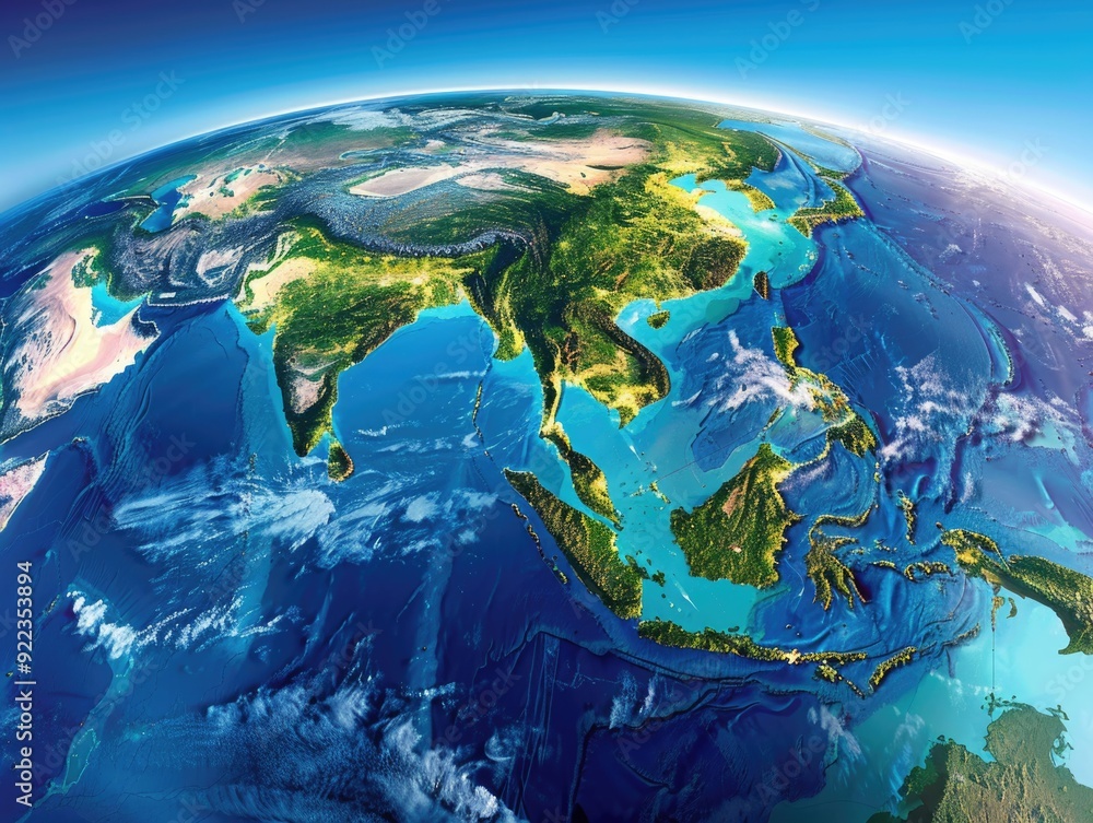 Fototapeta premium Colorful, digital representation of Earth from space, highlighting landmasses, oceans, weather patterns and human impact.