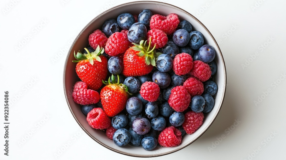 Bowl of fresh berries including strawberries, raspberries, and blueberries, on a white background. Top view. Bowl of fresh berries including strawberries, raspberries, and blueberries, on a white background. Top view.