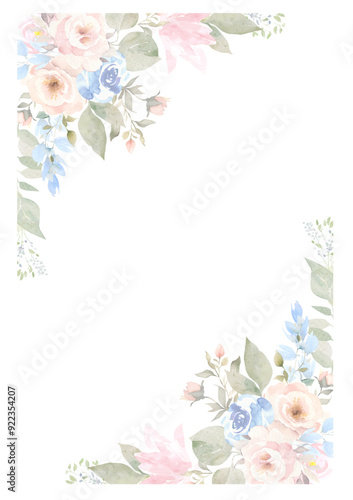 watercolor vector delicate flower bouquets, delicate watercolor buds and leaves, blue and pink abstract florals,  soft colors, boho style, Blush pink rose, greeting, Invitation, wedding, communion