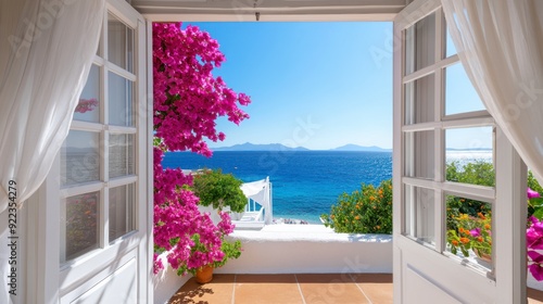 Fototapeta Naklejka Na Ścianę i Meble -  Seaside View from Terrace, Open window with pink flowers overlooking a blue sea, Coastal Serenity.
