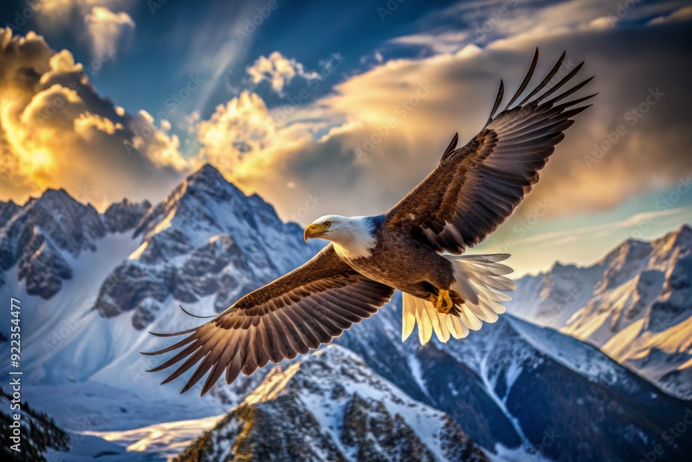 Obraz premium Majestic eagle in mid-flight, wings outstretched, soaring above a majestic mountain range with snow-capped peaks, conveying freedom, power, and serene majesty in nature.