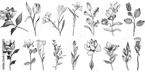 A collection of monochromatic floral vector designs suitable for various applications like print, wall decor, and t-shirt design.