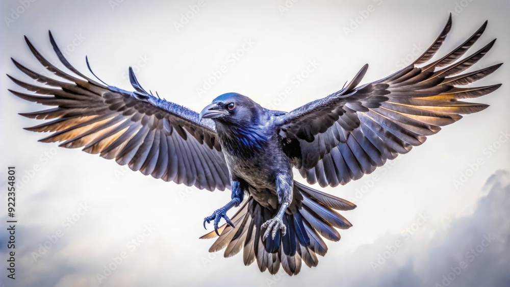 Naklejka premium Majestic solo raven in mid-flight, wings fully extended, feathers glistening, against a pristine white background, highlighting its mysterious and powerful natural beauty.