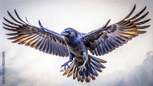 Majestic solo raven in mid-flight, wings fully extended, feathers glistening, against a pristine white background, highlighting its mysterious and powerful natural beauty. photo