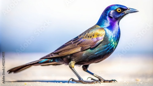 Vibrant common grackle bird stands proudly isolated on a pristine white background, showcasing shimmering iridescent purple and blue feathers, bright yellow piercing eyes, and natural light.